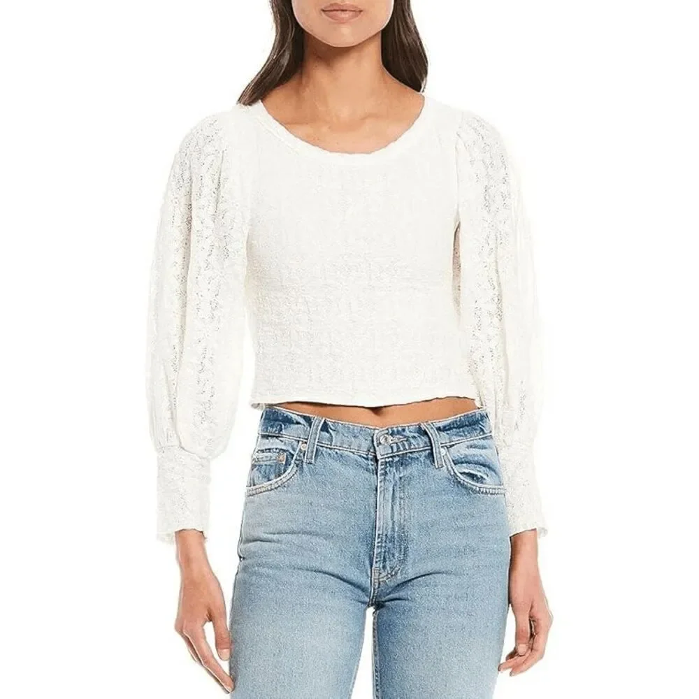 Free People Jasmine Tea Time Long Puff Lace‎ Sleeve Open Back Top Ivory Medium